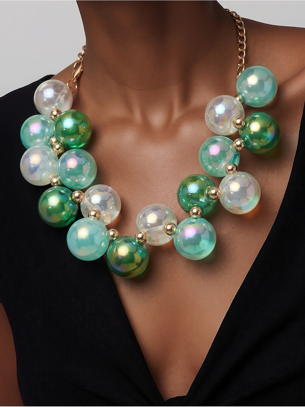 Gold-Tone Iridescent Green Bubble Necklace & Earring Set